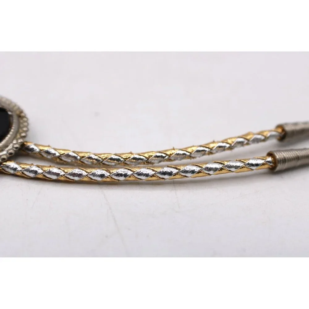 Black Jewel Acrylic Bolo Tie Silver & Gold Braided Cord Oval Faceted Western Vtg